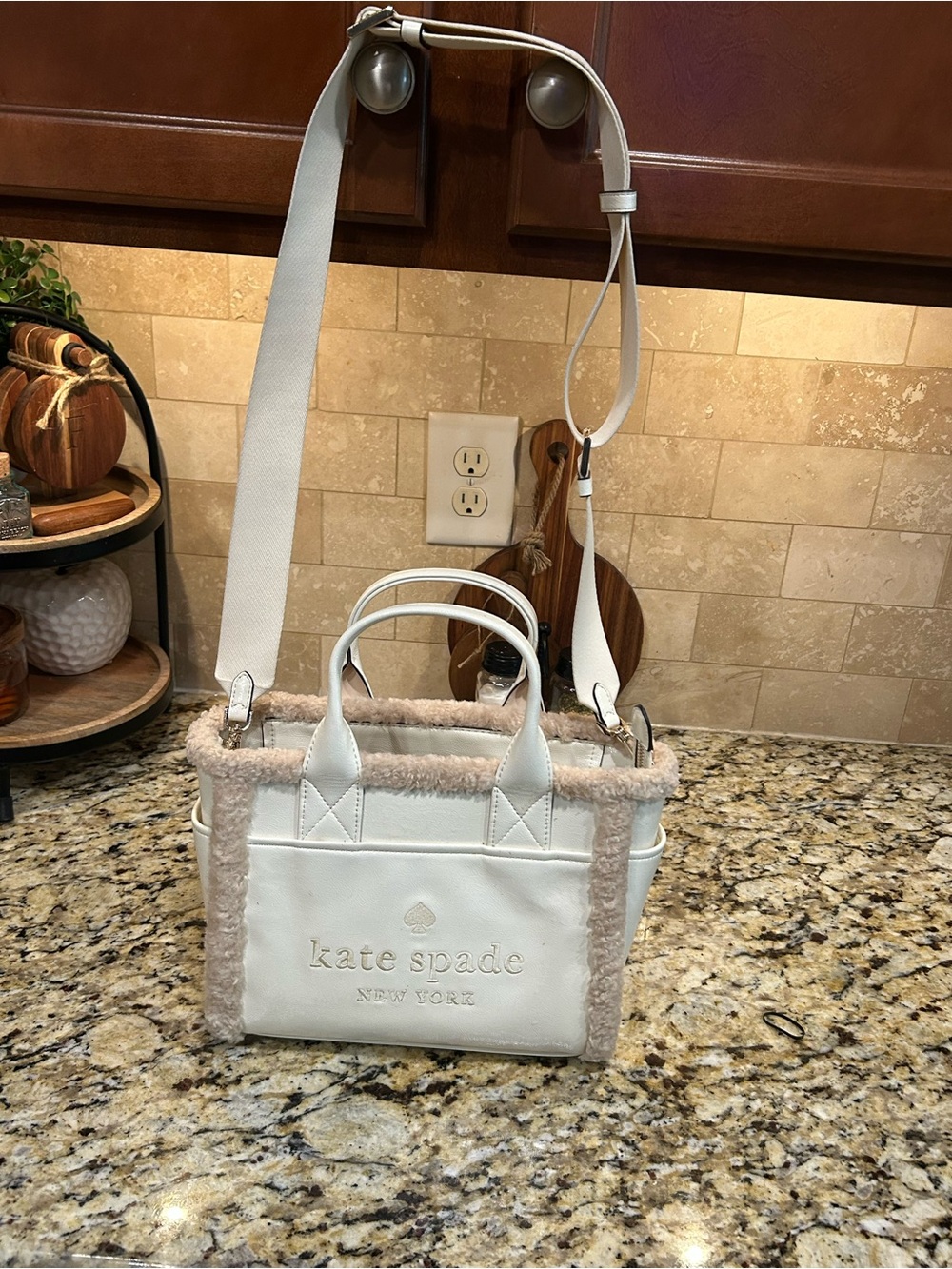 Kate Spade White Tan Jett Faux Fur Shearling Small Tote Purse Crossbody Bag